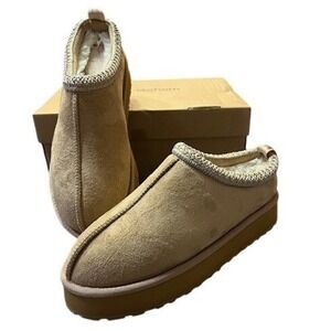 Gohom Women Slippers Chestnut Suede Faux Fur Lined Mules Braid Trim Brown